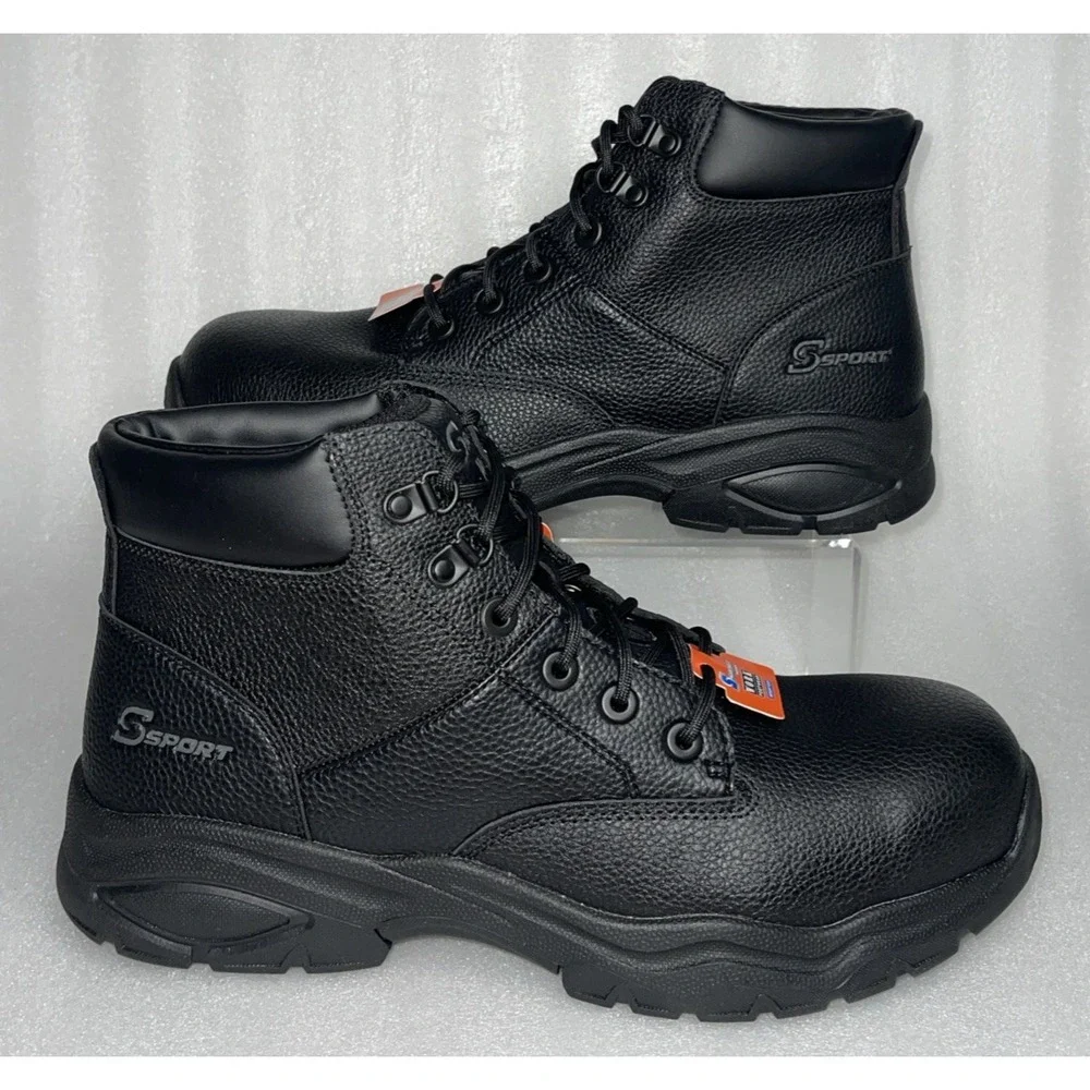 S‎ Sport By Skechers Elton Black Steel Toe Leather Work Boots Men's Size 13 NEW